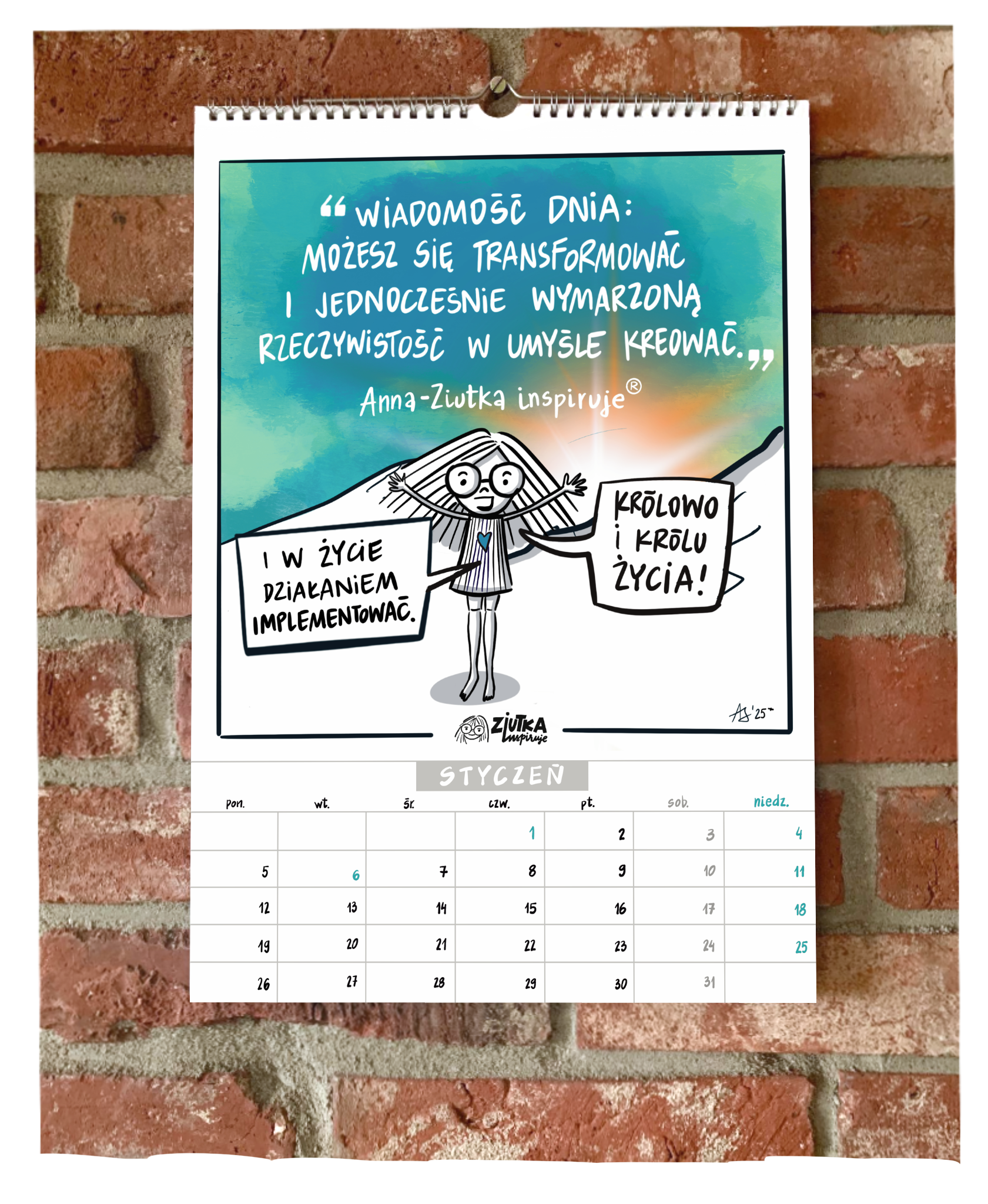 Karta z kalendarza "Ku obfitości" z grafiką i cytatem, inspiracją, motywacja, rozwój osobisty, zmiana.