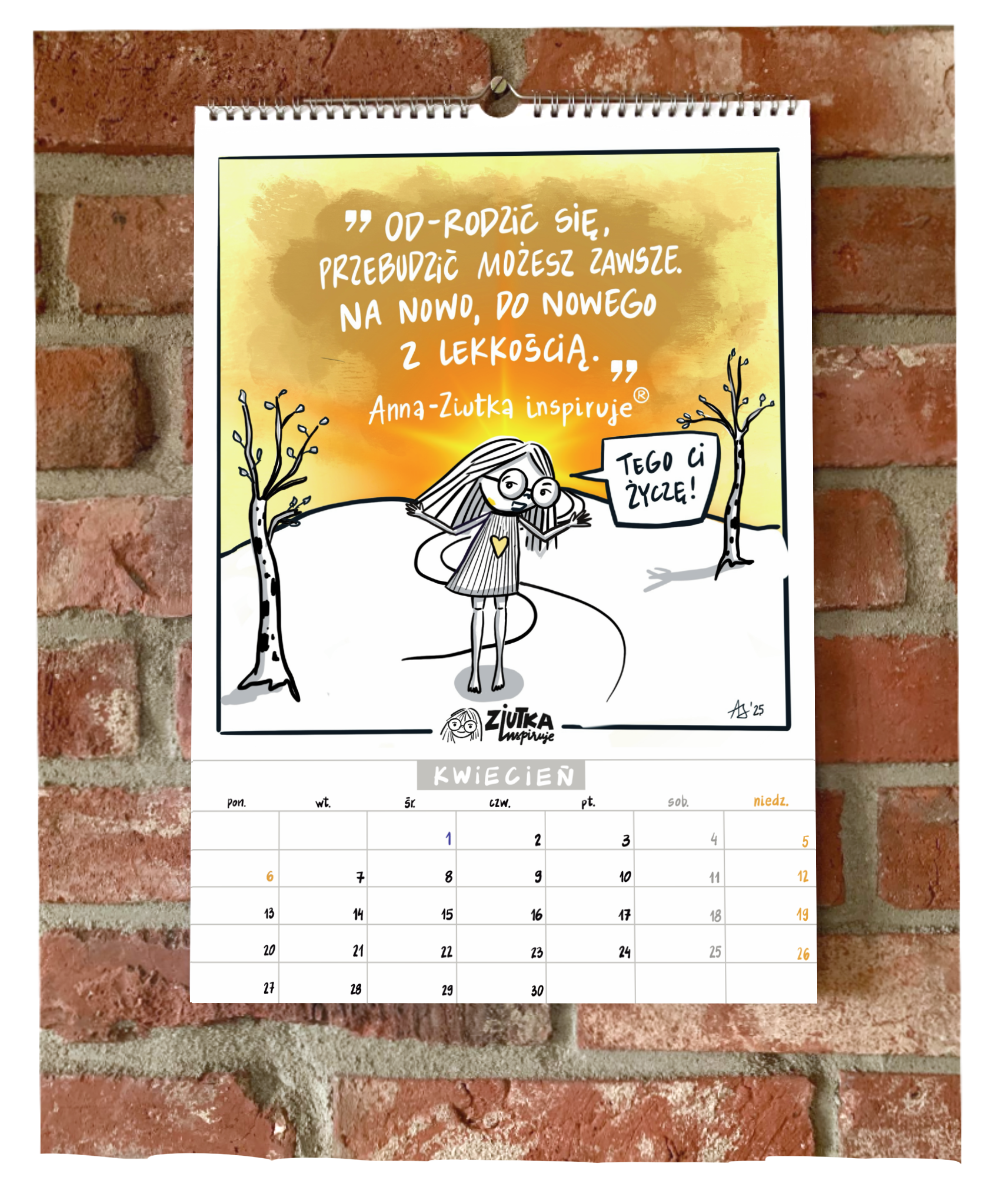 Karta z kalendarza "Ku obfitości" z grafiką i cytatem, inspiracją, motywacja, rozwój osobisty, zmiana.